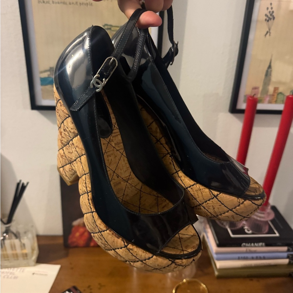 Chanel Dark Navy Wedge Sandals